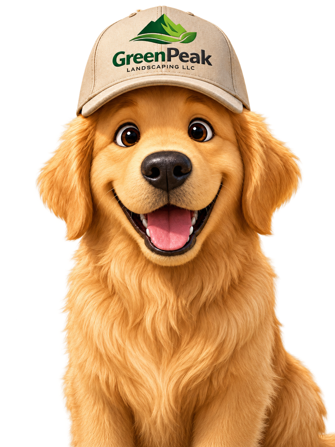 Green, the GreenPeak Landscaping mascot, wearing a GreenPeak cap